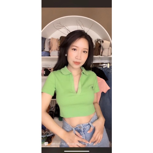 Áo Tăm Bozip Croptop Cổ Bẻ Chư V Siêu Hot