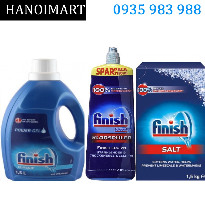 Combo xà phòng rửa bát Finish 1.5L + Muối rửa bát Finish 1.5kg + Nước làm bóng finish 1150ml