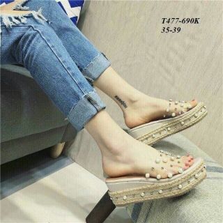 Dép xuồng quai trong đính hột ngọc đế cói