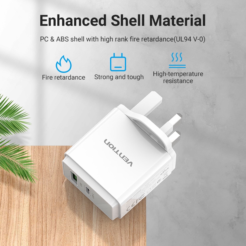 Củ Sạc Gắn Tường Vention Chuẩn Phích Cắm Uk Hai Cổng Usb Qc 3.0 / Pd 3.0 Sạc Usb 18w / 20w