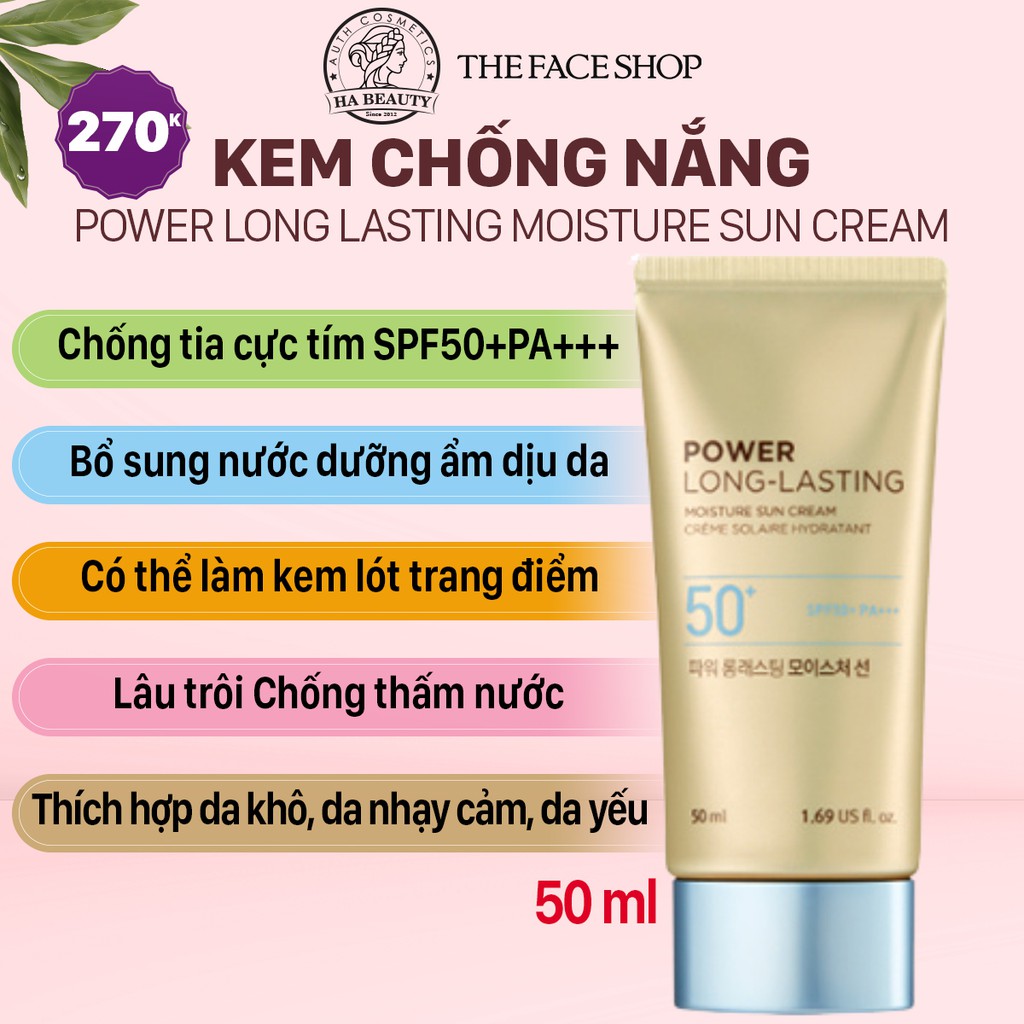 Kem chống nắng trang điểm dưỡng da chống nước lâu trôi The Face Shop Natural Sun Eco Power Long Lasting SPF50+PA+++ 50ml