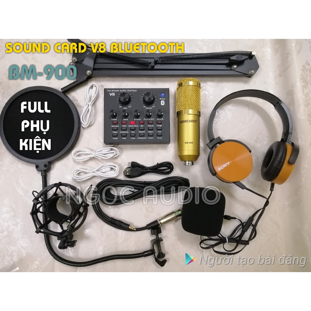 Bộ live stream sound card V8 Bluetooth bản tiếng Anh, Micro Bm 900 full phụ kiện để