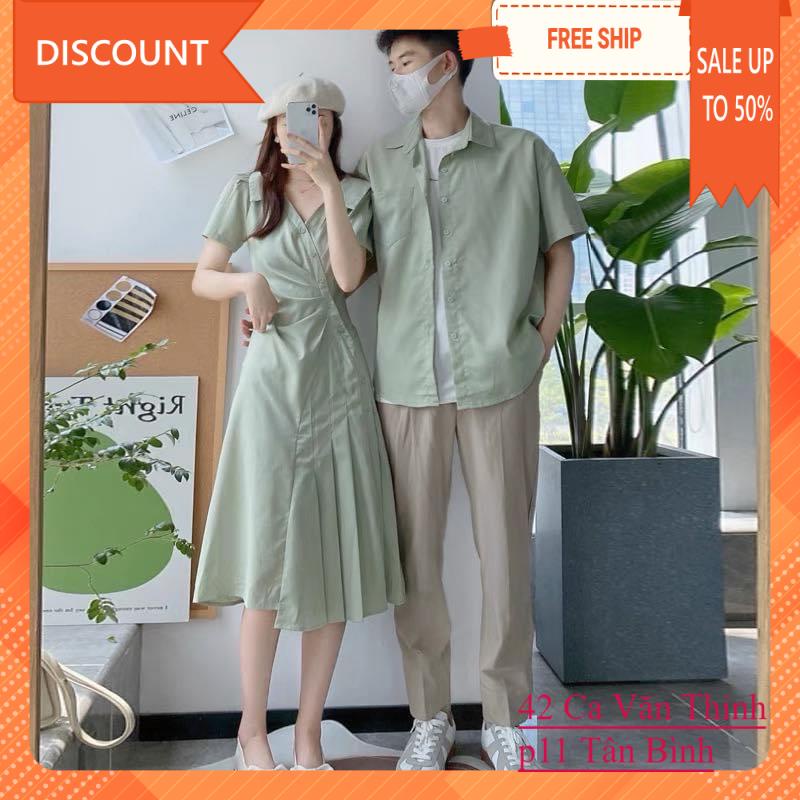 ( CAO CẤP)best seller😛 Áo váy couple, áo váy sơ mi xanh mint đôi siêu hot hit 🥰