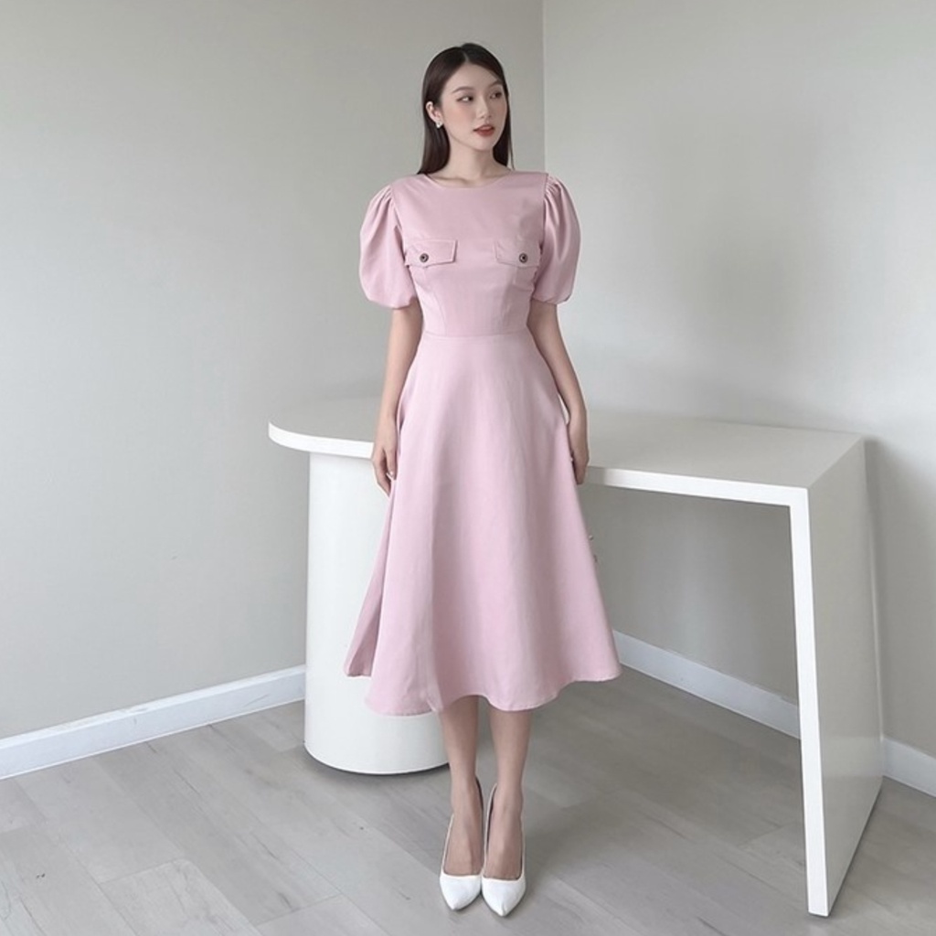 Đầm Dự Tiệc Thiết Kế Tay Phồng Nắp Túi Đính Nút HNK353