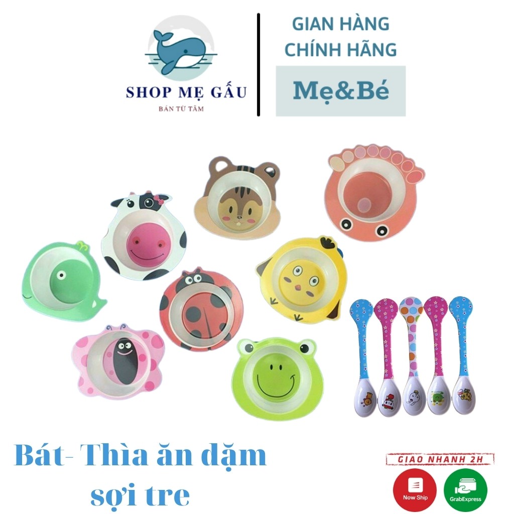 Bát ăn dặm cho bé, thìa ăn dặm sợi tre hình thú xinh xắn an toàn cho bé