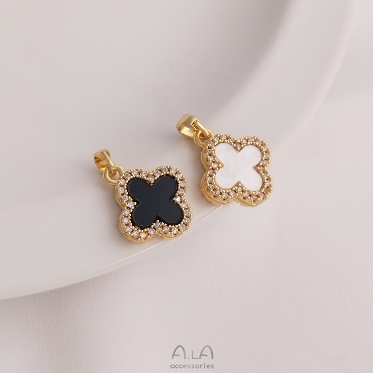 █A.ιA゜14K Vàng●〔 1 Cái〕°Mặt Dây Chuyền Hình Cỏ Bốn Lá Màu Đen Trắng 18K Đính Đá Zircon