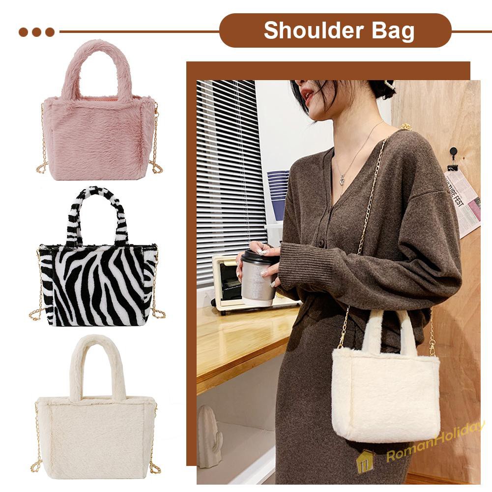 【On Sale】Autumn Shoulder Handbag Zebra Pattern Plush Women Chain Messenger Bag Totes