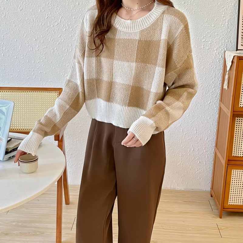 Áo dệt kim SUXI tay dài cổ tròn màu tương phản thời trang mùa thu dành cho nữ