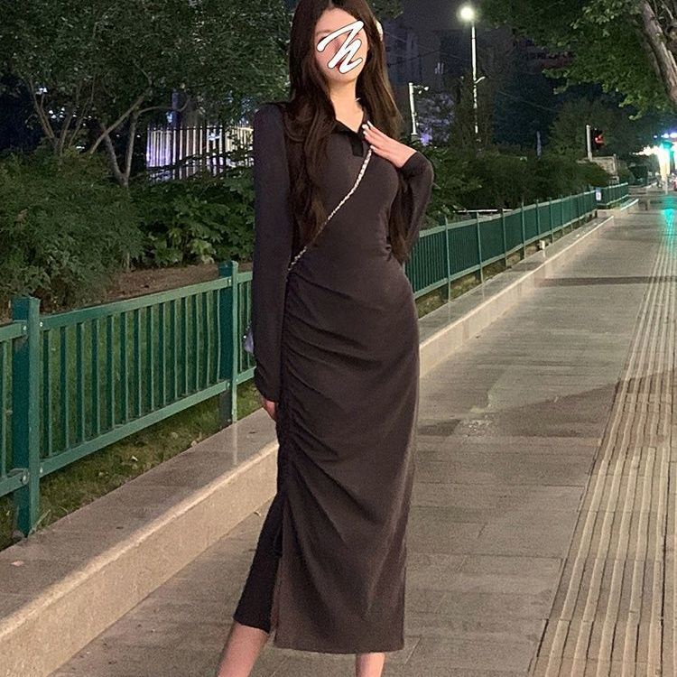 COZOK Đầm Tay Dài Cổ polo Xẻ Tà Dáng Ôm Thời Trang Dễ Phối Đồ