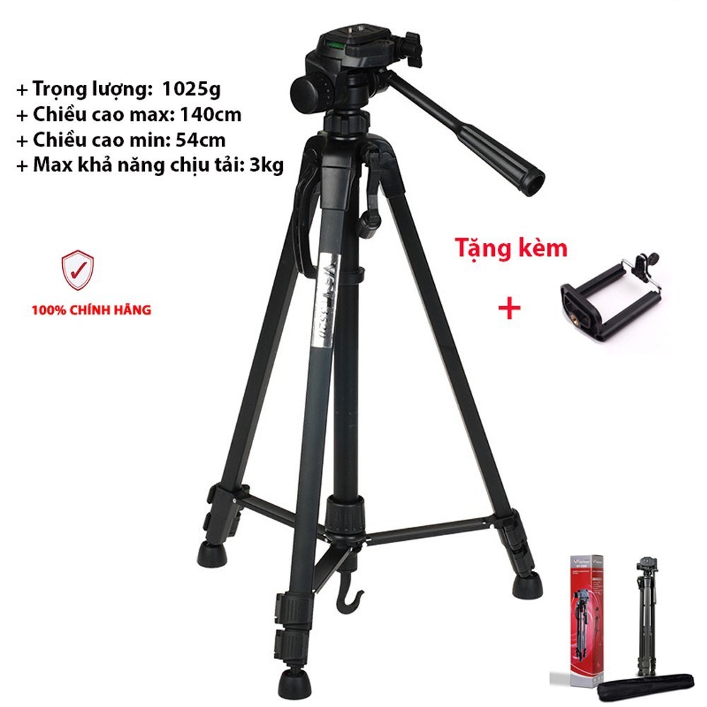 Tripod Máy Ảnh Weifeng WT-3520 chính hãng hợp kim cứng cáp,chịu tải 3kg, tặng kèm kẹp điện thoại và túi đeo gọn nhẹ