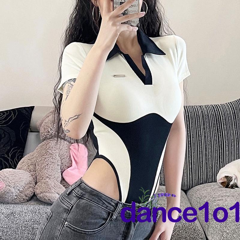 Áo liền quần Tay Ngắn Cổ Bẻ Màu Sắc Tương Phản Thời Trang Cho Nữ dance1o1-