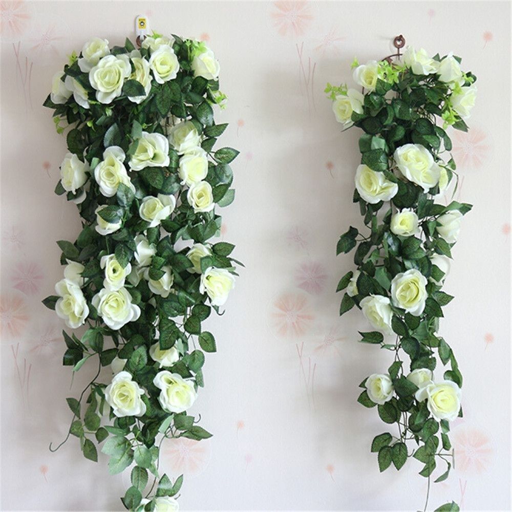 Hoa hồng trắng nhân tạo có lá xanh lá làm bằng lụa cho trang trí