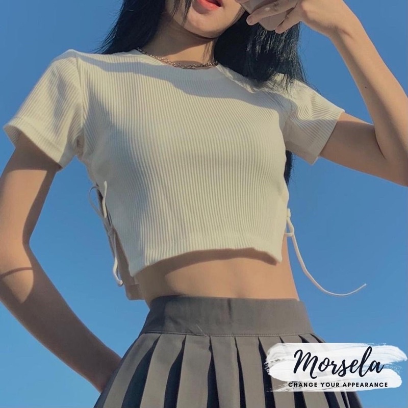 Áo croptop kiểu cổ tròn tay ngắn cột dây eo siêu tôn dáng cực sexy