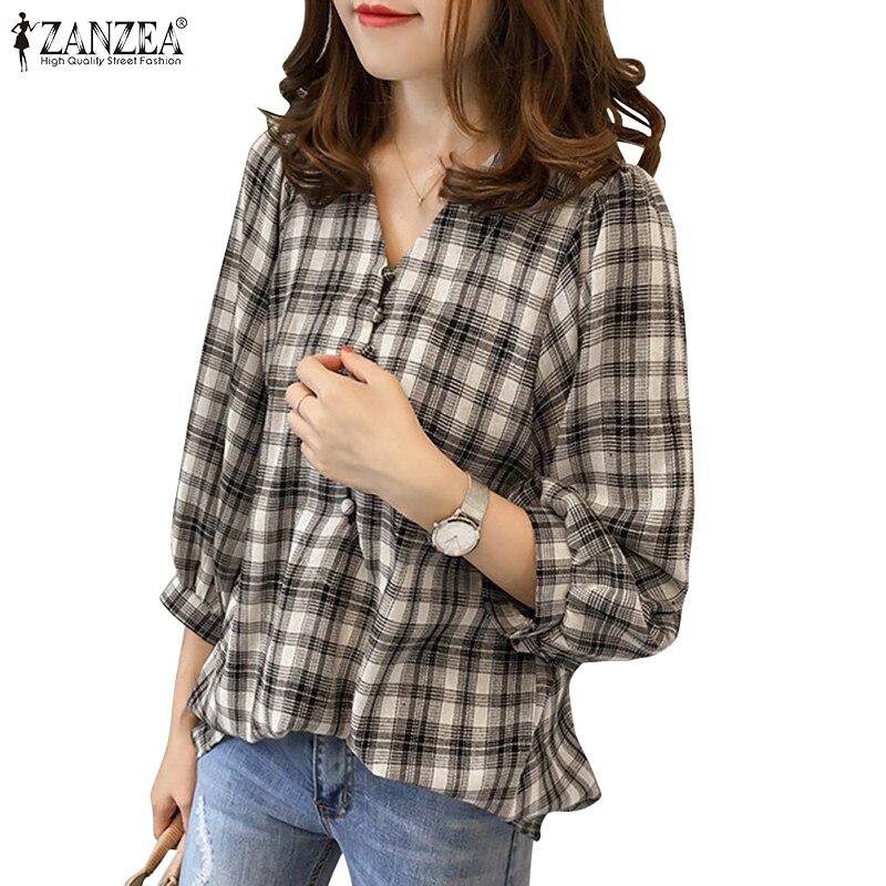 Áo sơ mi ZANZEA cổ chữ v tay 3/4 họa tiết caro dáng rộng cài nút thời trang cho nữ