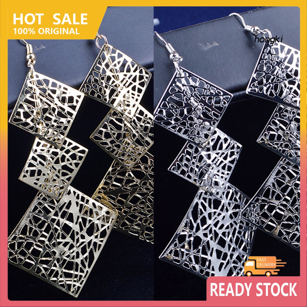 Bông tai dáng dài mặt hình vuông rỗng thời trang dành cho nữ