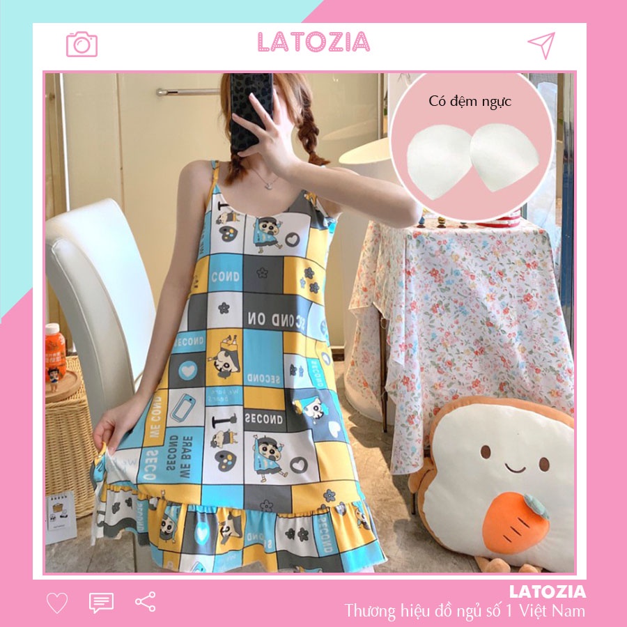 Váy ngủ hai dây sexy mặc nhà, đầm ngủ thun cotton hoạt hình mềm mịn có đệm ngực dễ thương, thoáng mát Latozia BĐN07
