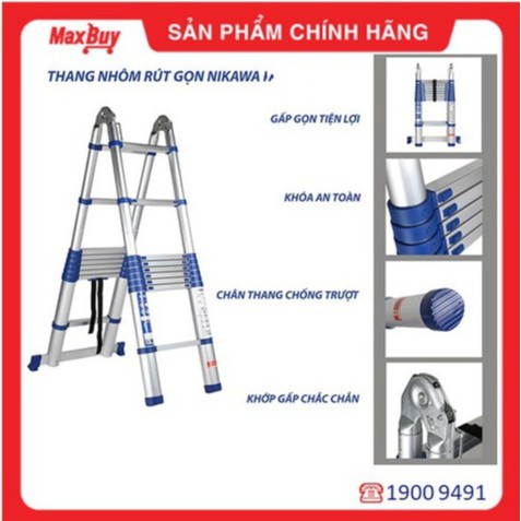 Thang nhôm, thang rút đôi, thang chữ A Nikawa NK-50AI-Pri, 8 bậc, thương hiệu Nhật, bảo hành chính hãng