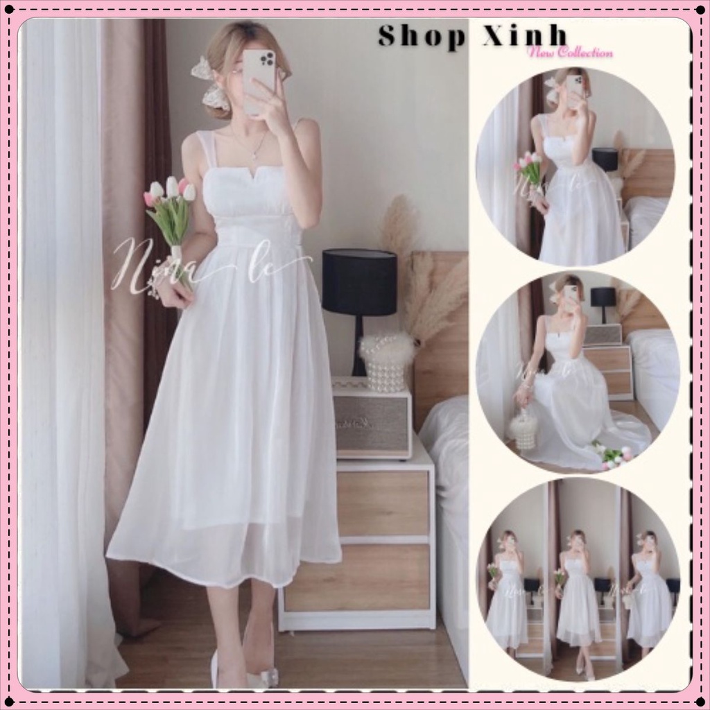 Đầm cúp ngực tơ xẻ 2 dây bản to, Đầm cúp ngực xòe xẻ 2 dây màu trắng V44 𝑴𝒂̂𝒚 𝑺𝒕𝒐𝒓𝒆