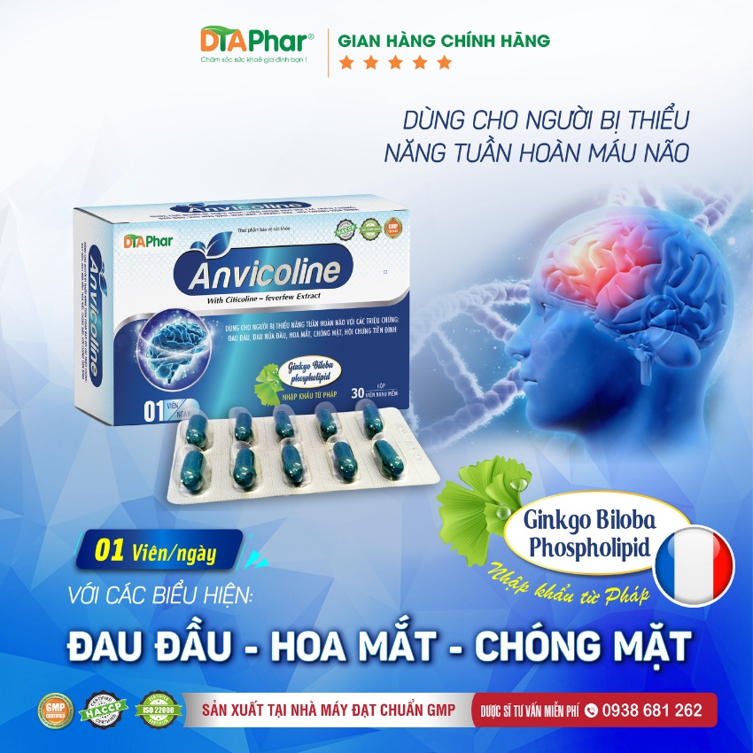 Viên uống bổ não Anvicoline DTAPhar tăng cường trí nhớ, giảm đau đầu, lưu thông máu hộp 30 viên