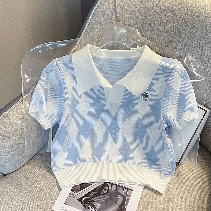 Áo croptop áo loang Áo Thun Cổ POLO Tay Ngắn Chất Liệu Lụa Lạnh Màu Sắc Tương Phản Thời Trang Mùa Hè Cho Nữ 2022