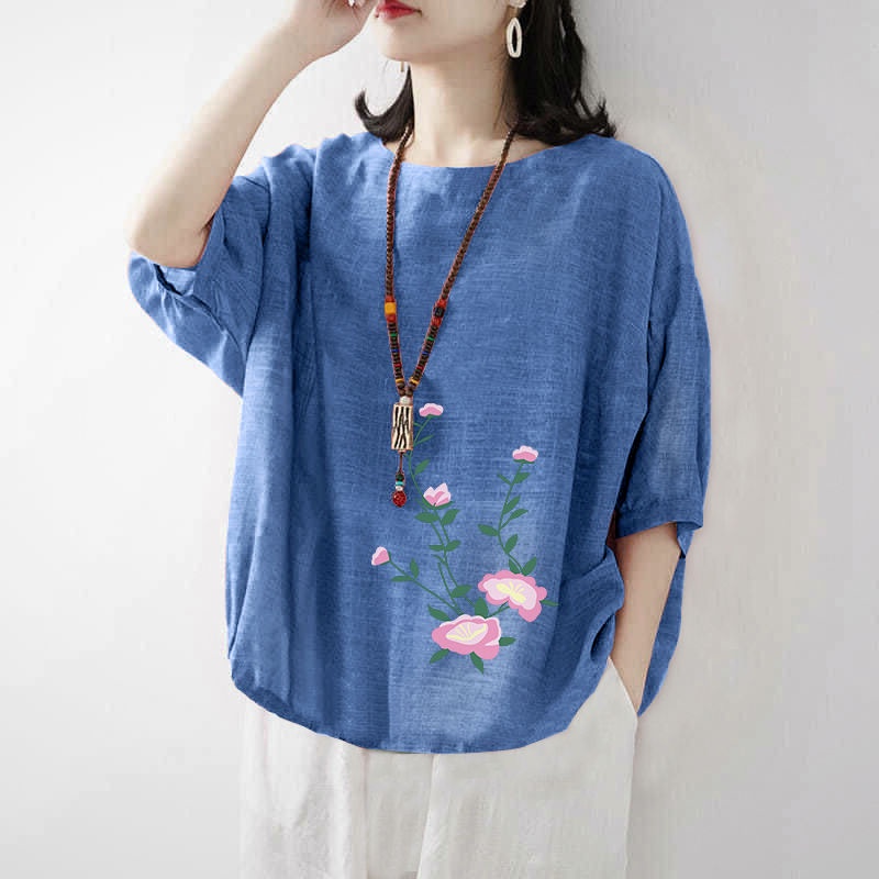 Áo Thun Cotton Lanh Tay Ngắn Thời Trang Mùa Hè Mới 2022 Cho Phụ Nữ Trung Niên Size M-4xl