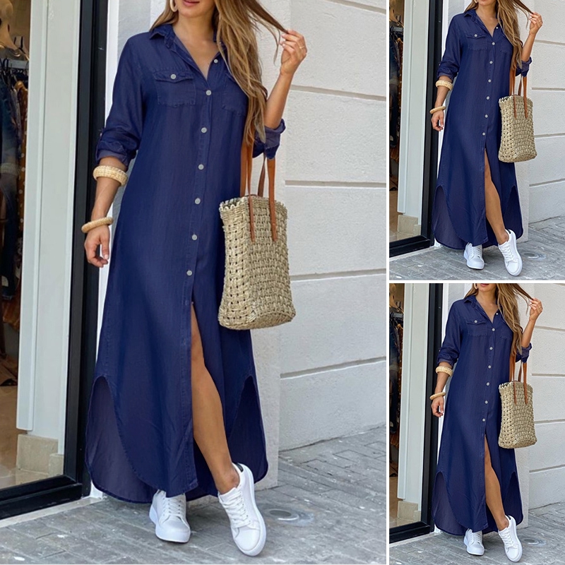Đầm maxi ZANZEA dài màu denim có cúc thời trang cho nữ