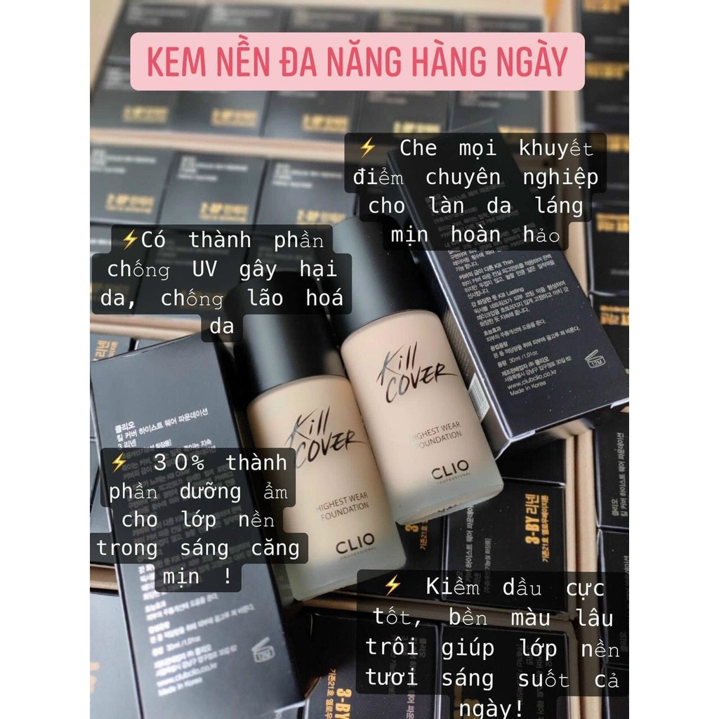 🎶Kem Nền Clio Kill Cover ✨HÀNG CHÍNH HÃNG✨ Che Khuyết Điểm, Kiềm Bã Nhờn, Làm Trắng Da  💥💧