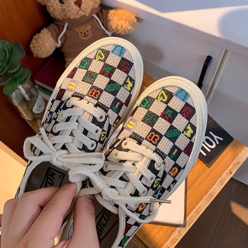 Giày Thể Thao Nam Nữ Unisex Buộc Dây  Basic Vải Canvas Họa Tiết Kẻ Ô Đen Cá Tính   BM01-Molita