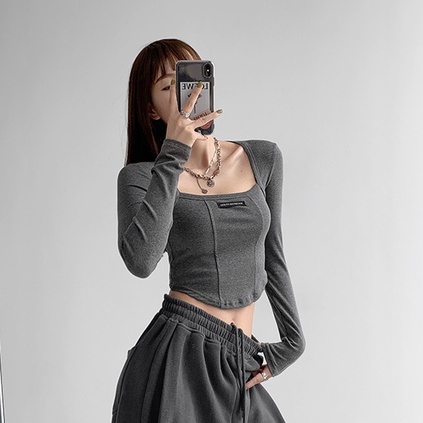 Áo thun tay dài cổ vuông phong cách Hàn Quốc thời trang mùa thu cho nữ