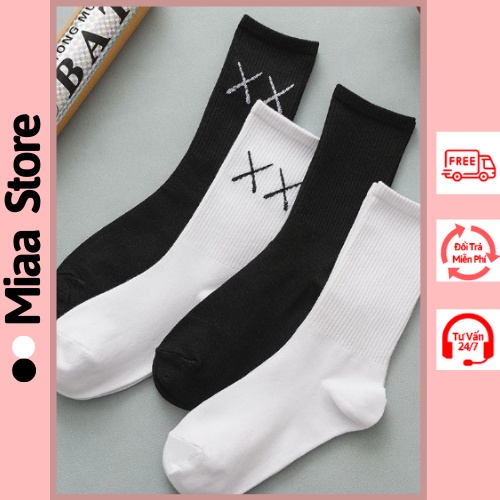 Tất nam nữ Unisex cao cổ cổ cao có chữ X và tất gấu trơn trắng đen, Vớ Nam nữ Unisex cao cổ cao cổ ngắn
