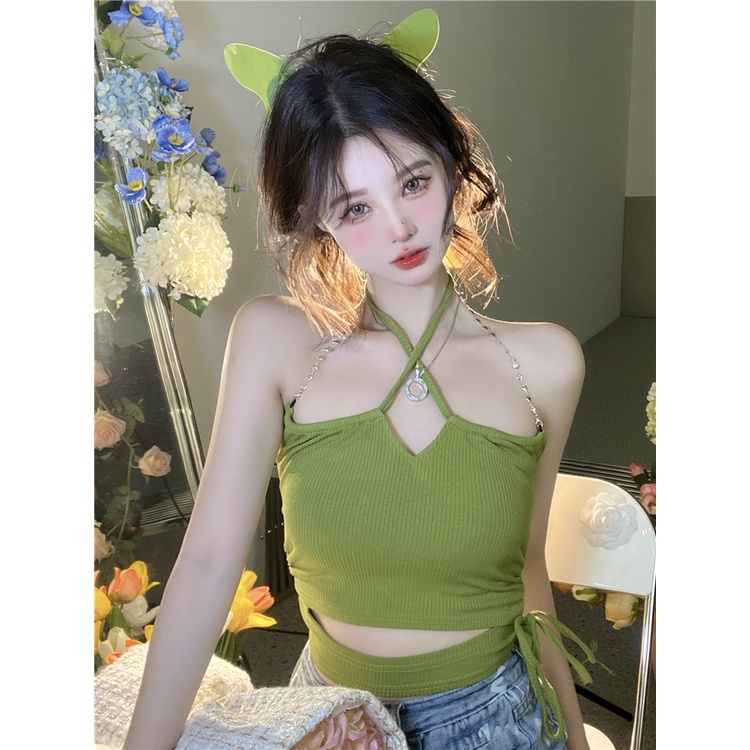 Áo Ống Ngắn Hai Dây Màu Xanh Lá Trơn Thời Trang Hàn Quốc Cho Nữ