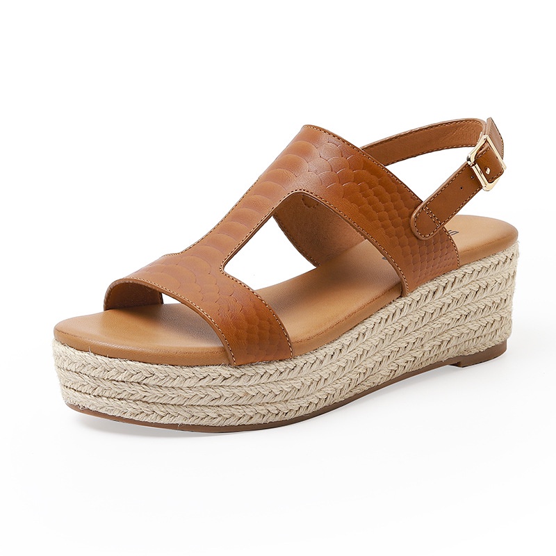 Giày Sandal Đế Xuồng Đan Cói Hở Mũi Thời Trang Retro Cho Nữ