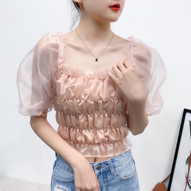 Áo croptop hồng, trễ vai, tay phồng ELLA TOP | BigBuy360 - bigbuy360.vn