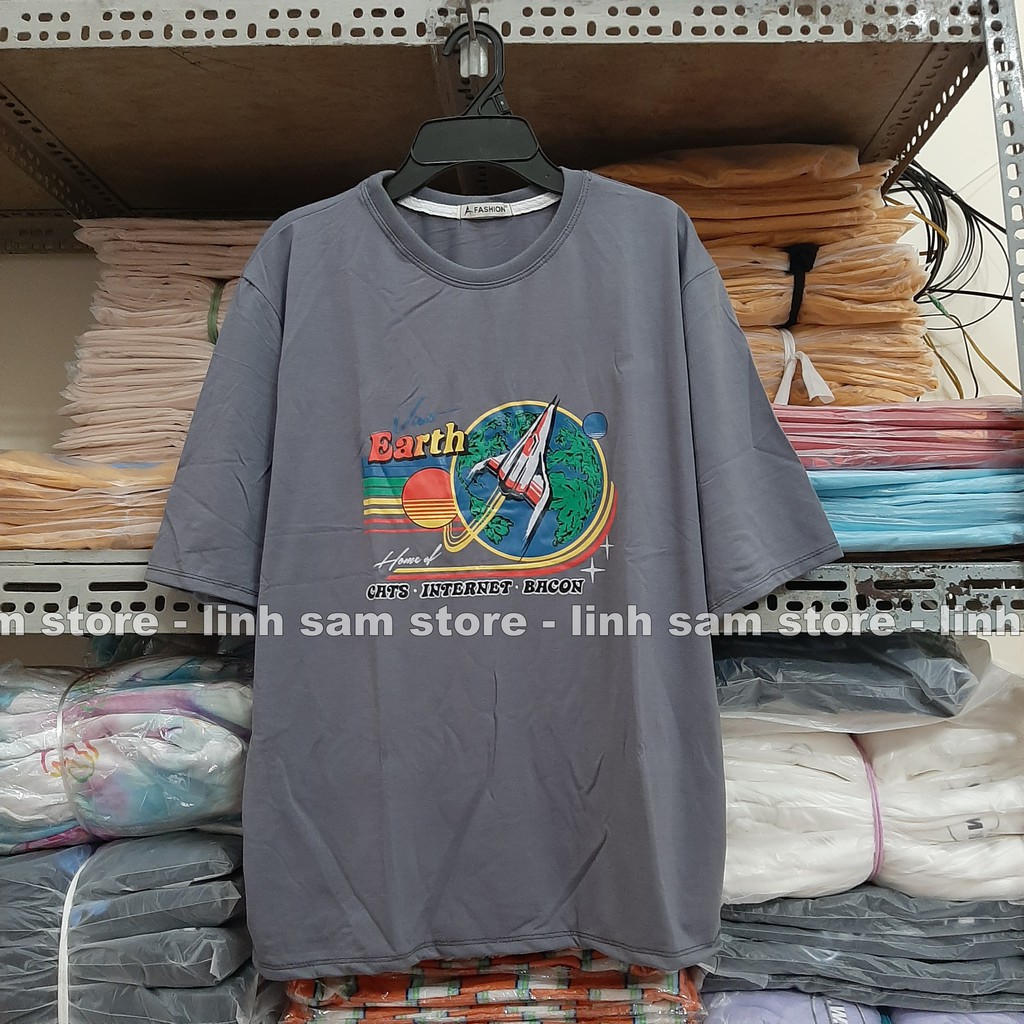 Áo thun tay lỡ nữ freesize phông form rộng dáng Unisex, mặc cặp, nhóm, lớp in hình TÊN LỬA VISIT EARTH MÀU XÁM | BigBuy360 - bigbuy360.vn