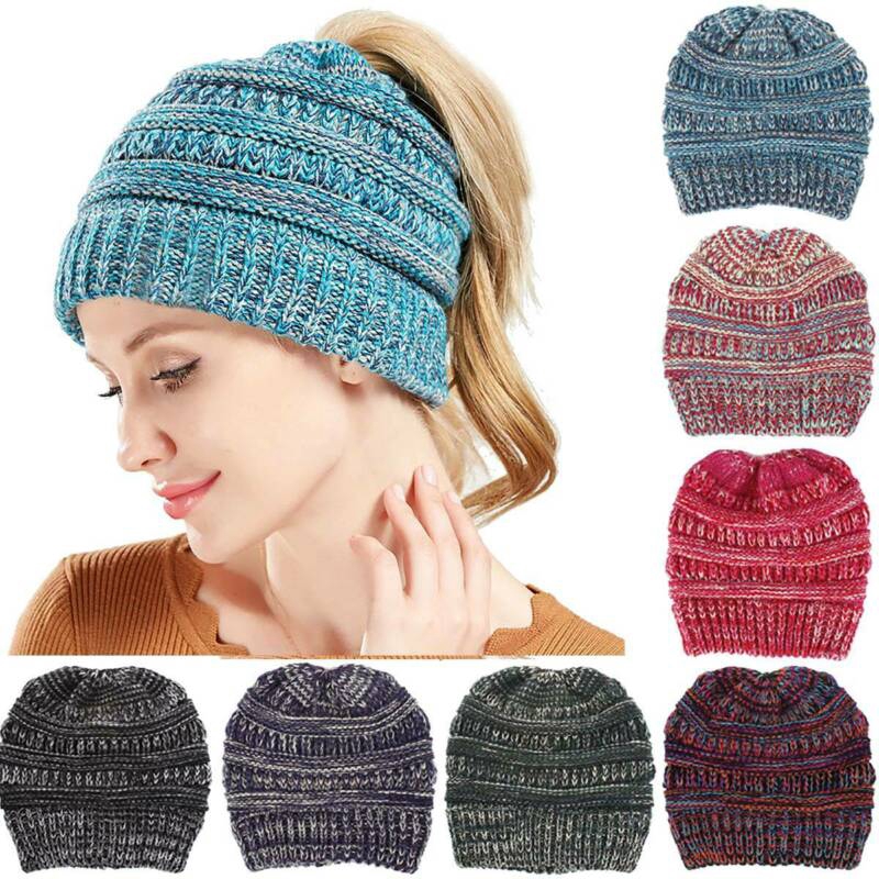 Mũ trùm đầu beanie dệt kim giữ tóc đuôi ngựa cao co giãn mềm mại thời trang mùa đông dành cho nữ
