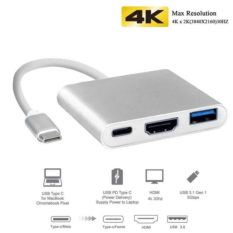 HUB USB Type C sang HDMI, USB 3.0 và Type-C dùng cho Apple MacBook,Google Chromebook Pixel