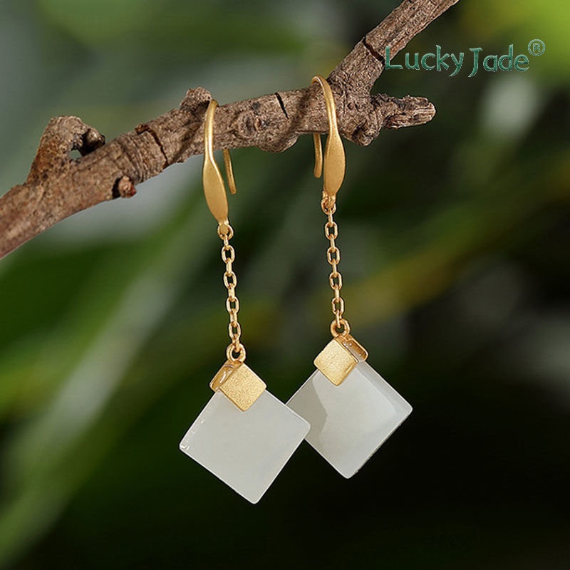 Bông Tai Mạ Bạc 18K Đính Hạt Ngọc Bích S925 Mới