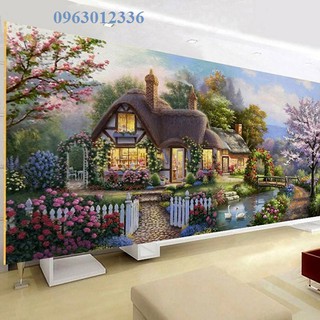 tranh thêu chữ thập cao cấp phong cảnh ngôi nhà tổ ấm kt 149x74cm