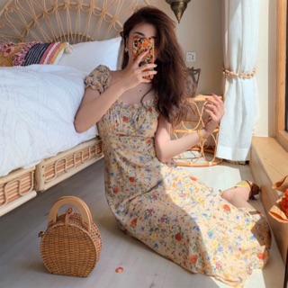 (HÀNG SẴN) Váy hoa nhí sơn dầu dáng dài cổ vuông style Vintage nhẹ nhàng dịu dàng kiểu Pháp (NEW ARRIVALS 2020)