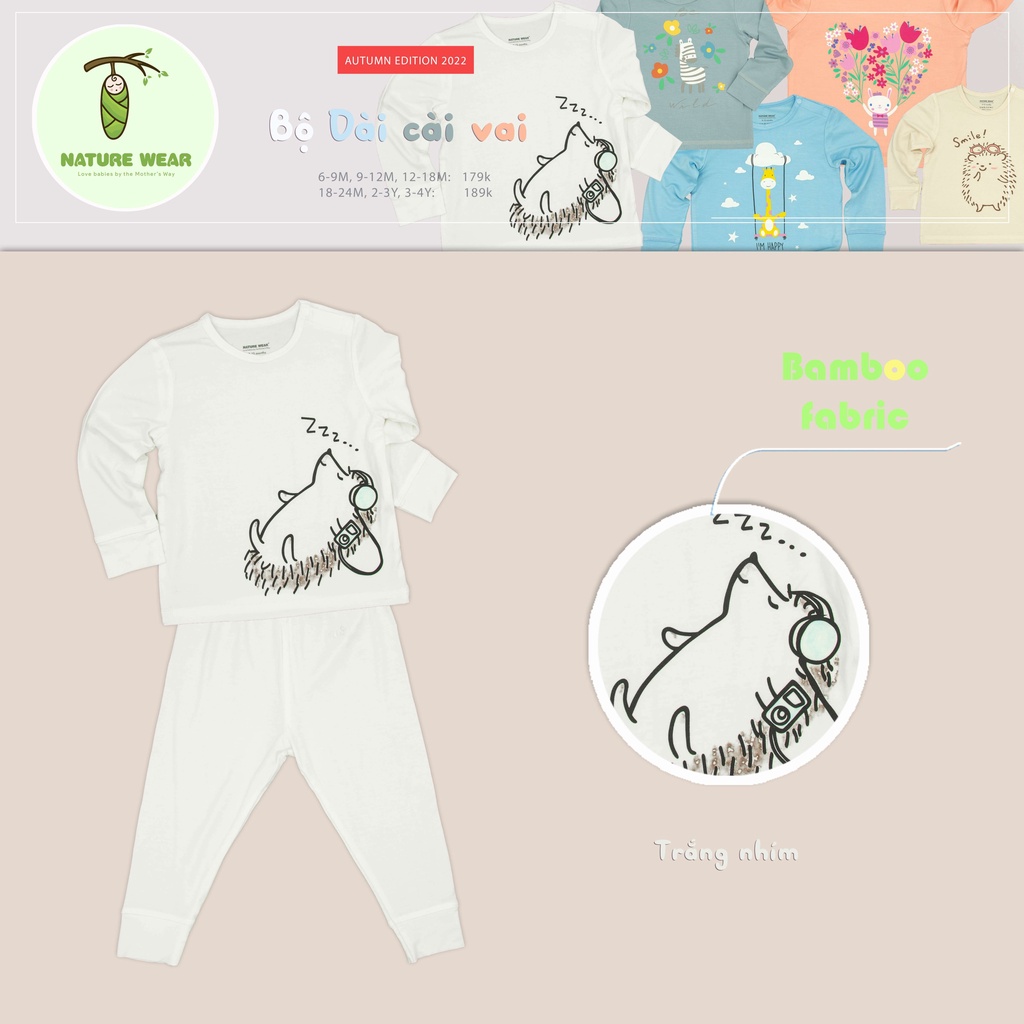 Bộ dài cài vai sơ sinh animals xinh xắn Nature Wear vải sợi tre bamboo siêu mềm mịn cho bé trai gái cao cấp