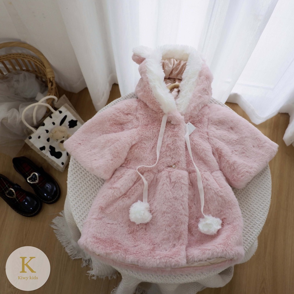 Áo khoác lông bé gái Kiwy Kids dáng áo dài bên trong chần bông ấm áp Kids50 cho bé 9 tháng đến 4 tuổi