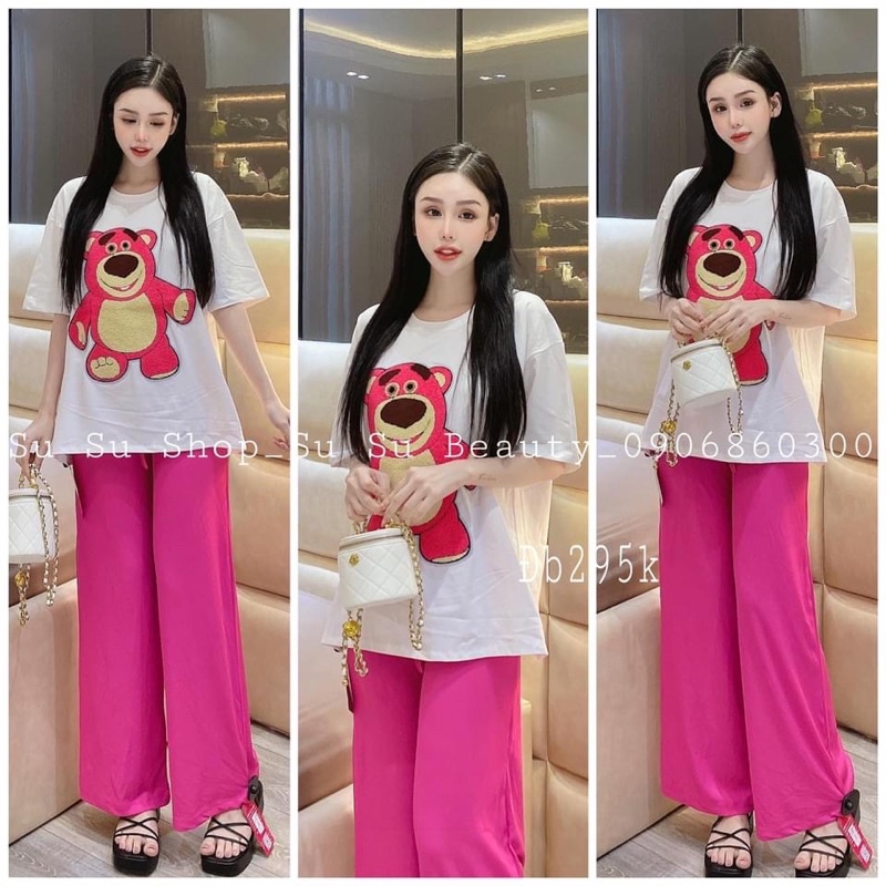 Set áo cotton gấu hồng thêu quần suông hình thật K3