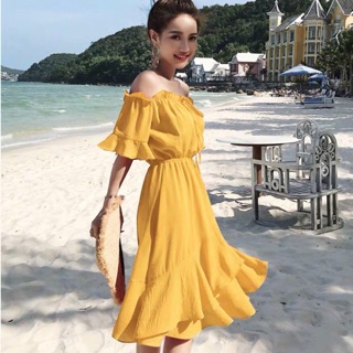 váy vàng trễ vai đi biển MS373 kèm ảnh thật SẴN