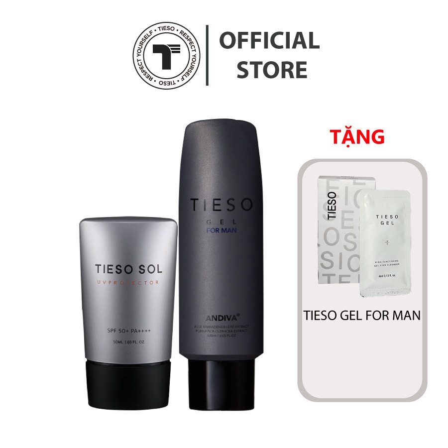 [Tặng sample gel vệ sinh Tieso 10g] Combo Tieso gồm Gel vệ sinh vùng kín nam 120ml + Kem chống nắng chống tia UV 50ml