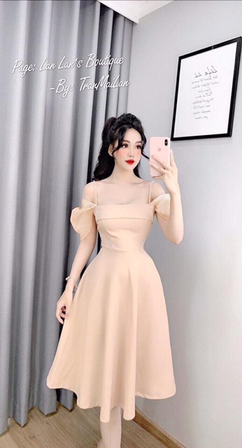 Đầm dự tiệc dạo phố rớt vai tay phối tơ sống | BigBuy360 - bigbuy360.vn