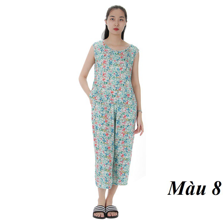 BST Bộ mặc nhà lanh (tole) Vicci BST.086, áo sát nách, quần sớ trẻ phối họa tiết