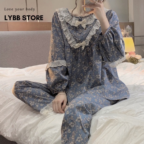 Bộ Ngủ Cotton Tiểu Thư Dễ Thương, Đồ Mặc Nhà Quần Dài Áo Dáng Rộng Phong Cách Retro, Set Pyjama Cổ Ren Hoa Nhí Xinh Xắn