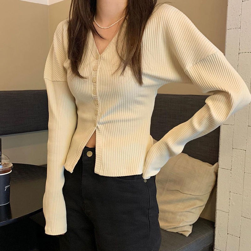 Áo sweater tay dài cổ chữ V màu sắc thanh lịch dành cho phái nữ