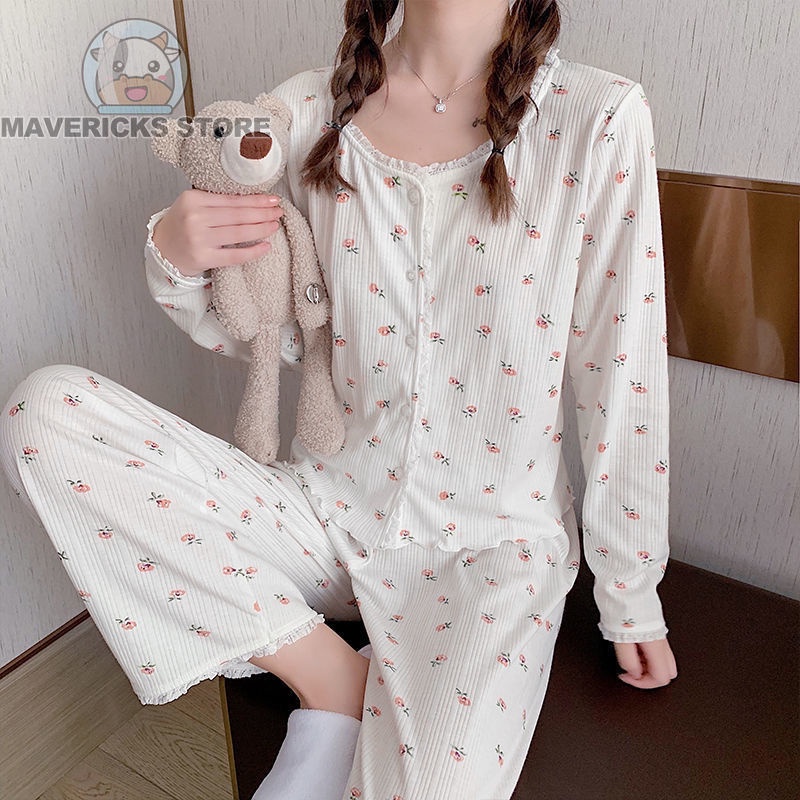 Bộ Đồ Ngủ Tay Dài Dáng Rộng In Hoa Phong Cách Hàn Quốc Thời Trang Mùa Thu Xinh Xắn Cho Nữ