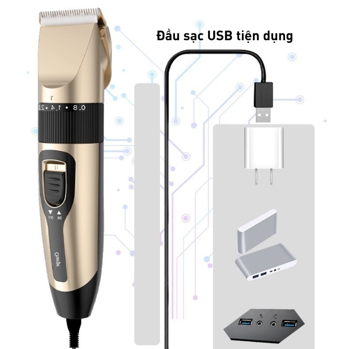 Tông đơ cắt tóc gia đình - Sạc USB - Tặng kèm 9 phụ kiện TD1